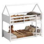 Litera de piso twin sobre twin con cabeceros y piecero para niños y adolescentes, estructura de litera en forma de casa de madera con barandilla y escalera