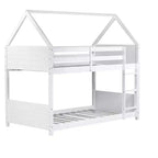 Litera de piso twin sobre twin con cabeceros y piecero para niños y adolescentes, estructura de litera en forma de casa de madera con barandilla y escalera