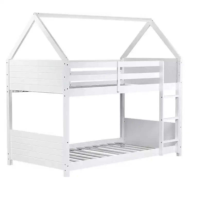 Litera de piso twin sobre twin con cabeceros y piecero para niños y adolescentes, estructura de litera en forma de casa de madera con barandilla y escalera