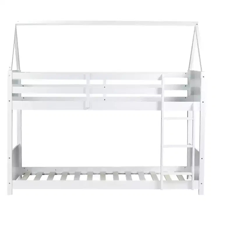Litera de piso twin sobre twin con cabeceros y piecero para niños y adolescentes, estructura de litera en forma de casa de madera con barandilla y escalera