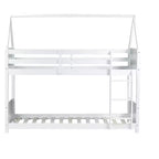 Litera de piso twin sobre twin con cabeceros y piecero para niños y adolescentes, estructura de litera en forma de casa de madera con barandilla y escalera