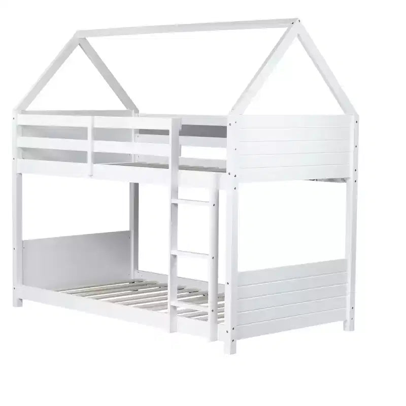 Litera de piso twin sobre twin con cabeceros y piecero para niños y adolescentes, estructura de litera en forma de casa de madera con barandilla y escalera