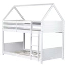 Litera de piso twin sobre twin con cabeceros y piecero para niños y adolescentes, estructura de litera en forma de casa de madera con barandilla y escalera