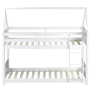 Litera de piso twin sobre twin con cabeceros y piecero para niños y adolescentes, estructura de litera en forma de casa de madera con barandilla y escalera
