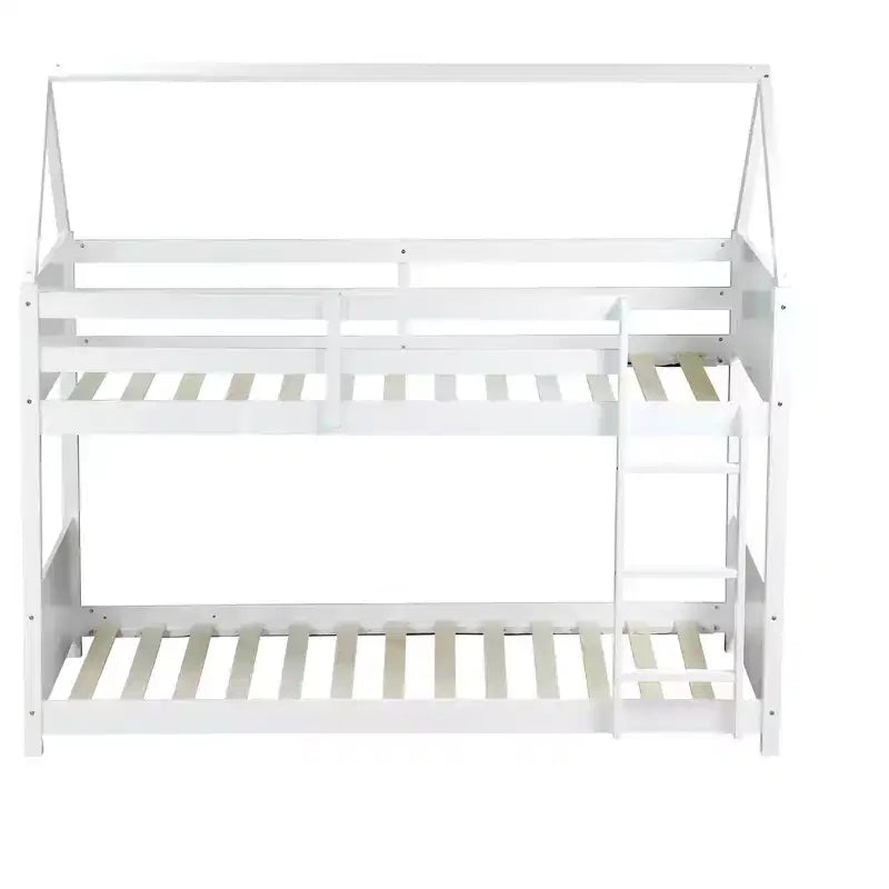 Litera de piso twin sobre twin con cabeceros y piecero para niños y adolescentes, estructura de litera en forma de casa de madera con barandilla y escalera