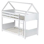 Litera de piso twin sobre twin con cabeceros y piecero para niños y adolescentes, estructura de litera en forma de casa de madera con barandilla y escalera