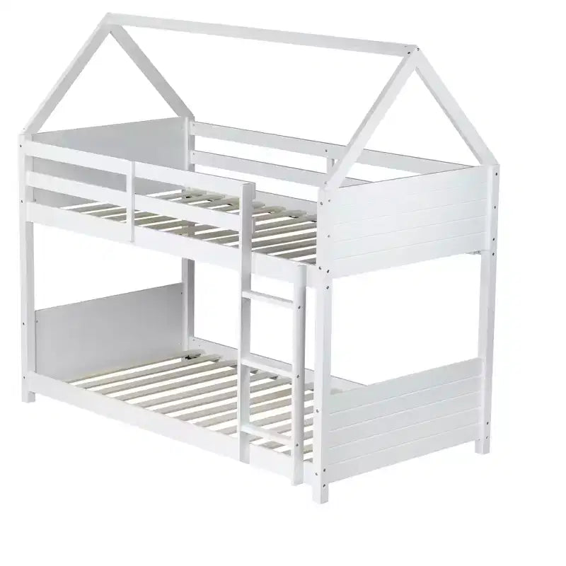 Litera de piso twin sobre twin con cabeceros y piecero para niños y adolescentes, estructura de litera en forma de casa de madera con barandilla y escalera