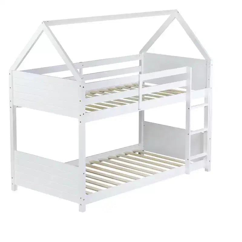 Litera de piso twin sobre twin con cabeceros y piecero para niños y adolescentes, estructura de litera en forma de casa de madera con barandilla y escalera