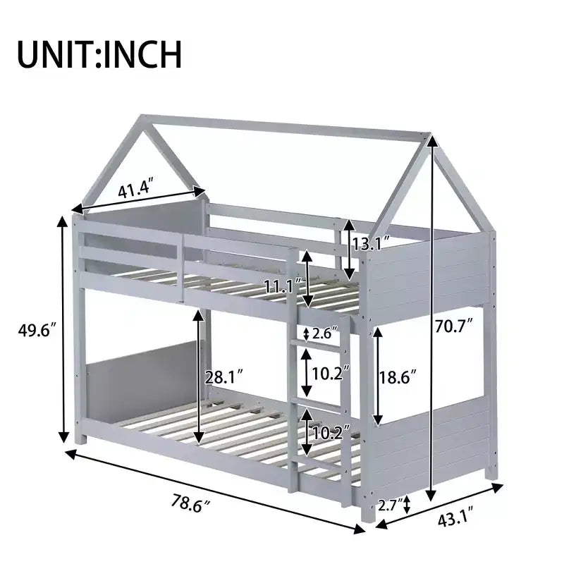 Litera de piso twin sobre twin con cabeceros y piecero para niños y adolescentes, estructura de litera en forma de casa de madera con barandilla y escalera
