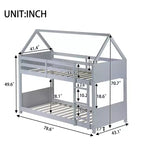 Litera de piso twin sobre twin con cabeceros y piecero para niños y adolescentes, estructura de litera en forma de casa de madera con barandilla y escalera