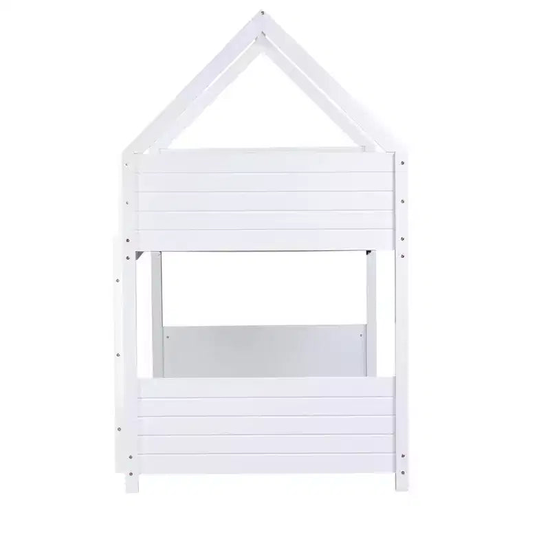 Litera de piso twin sobre twin con cabeceros y piecero para niños y adolescentes, estructura de litera en forma de casa de madera con barandilla y escalera