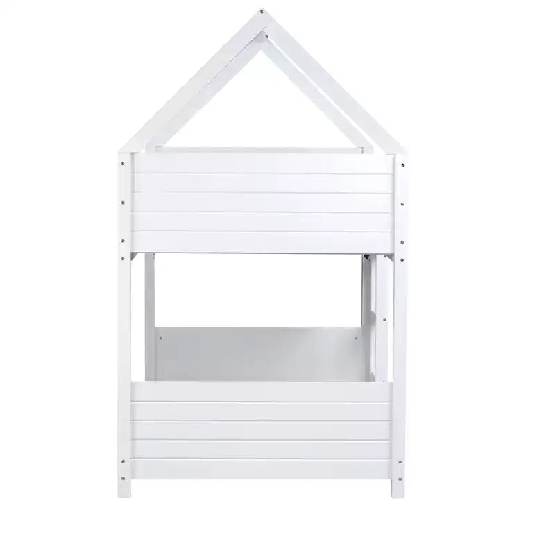 Litera de piso twin sobre twin con cabeceros y piecero para niños y adolescentes, estructura de litera en forma de casa de madera con barandilla y escalera