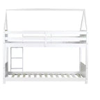 Litera de piso twin sobre twin con cabeceros y piecero para niños y adolescentes, estructura de litera en forma de casa de madera con barandilla y escalera