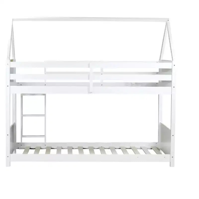 Litera de piso twin sobre twin con cabeceros y piecero para niños y adolescentes, estructura de litera en forma de casa de madera con barandilla y escalera