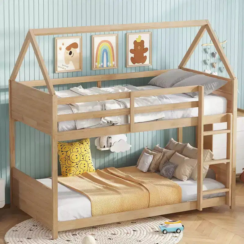Litera de piso twin sobre twin con cabeceros y piecero para niños y adolescentes, estructura de litera en forma de casa de madera con barandilla y escalera