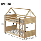 Litera de piso twin sobre twin con cabeceros y piecero para niños y adolescentes, estructura de litera en forma de casa de madera con barandilla y escalera
