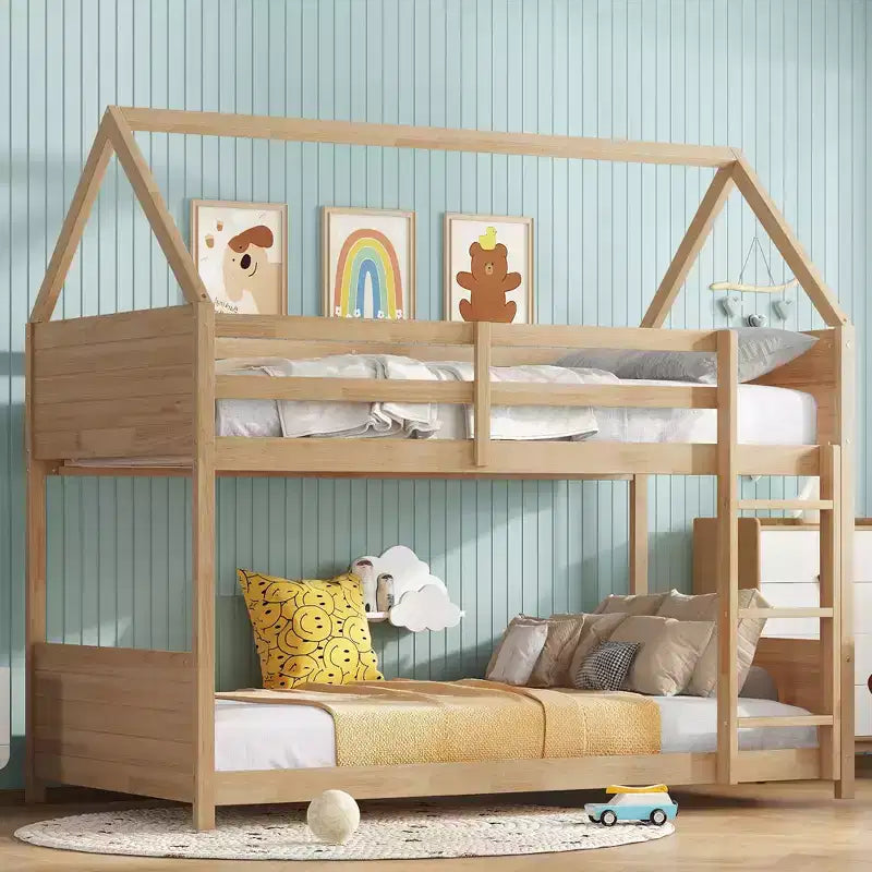 Litera de piso twin sobre twin con cabeceros y piecero para niños y adolescentes, estructura de litera en forma de casa de madera con barandilla y escalera