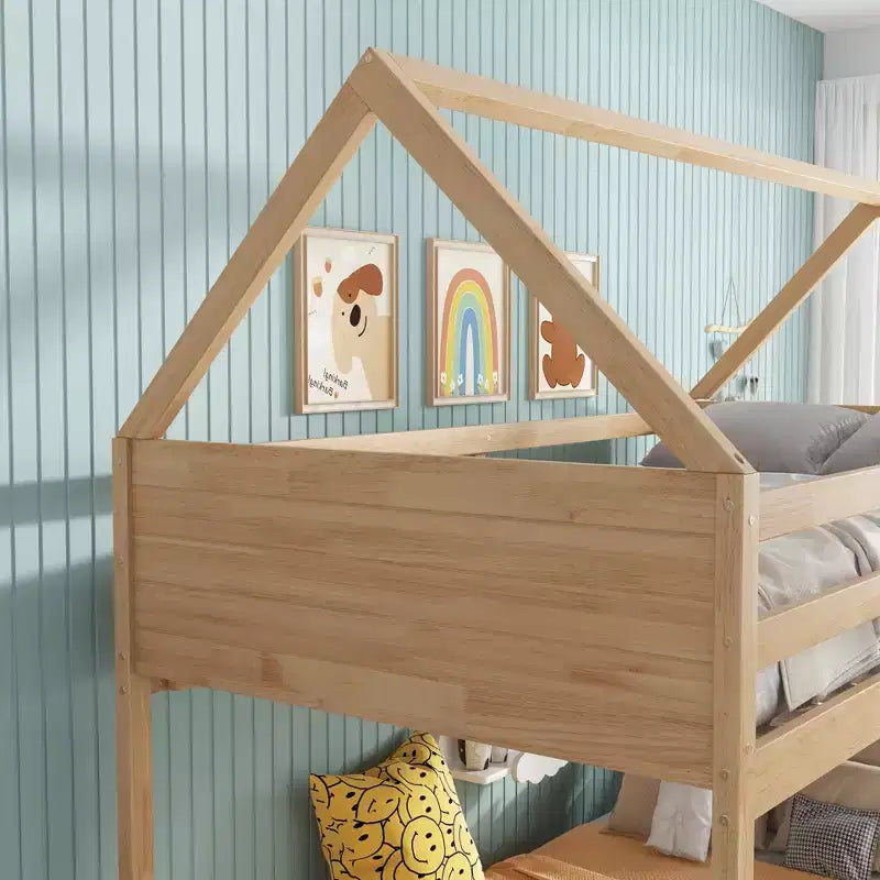 Litera de piso twin sobre twin con cabeceros y piecero para niños y adolescentes, estructura de litera en forma de casa de madera con barandilla y escalera