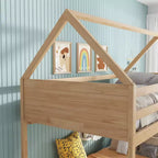 Litera de piso twin sobre twin con cabeceros y piecero para niños y adolescentes, estructura de litera en forma de casa de madera con barandilla y escalera