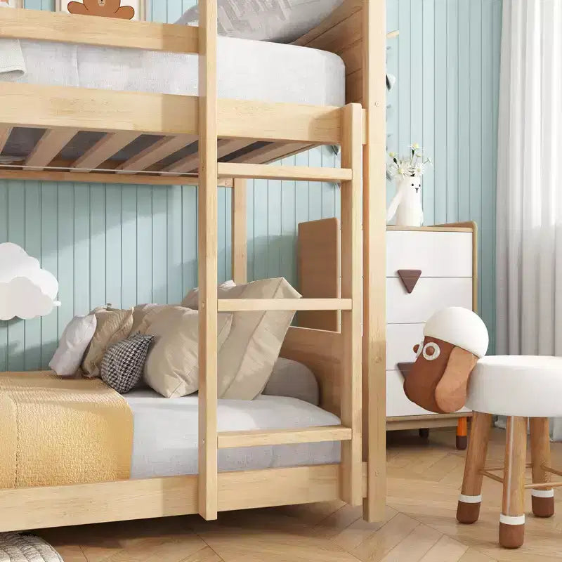 Litera de piso twin sobre twin con cabeceros y piecero para niños y adolescentes, estructura de litera en forma de casa de madera con barandilla y escalera