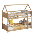 Litera de piso twin sobre twin con cabeceros y piecero para niños y adolescentes, estructura de litera en forma de casa de madera con barandilla y escalera