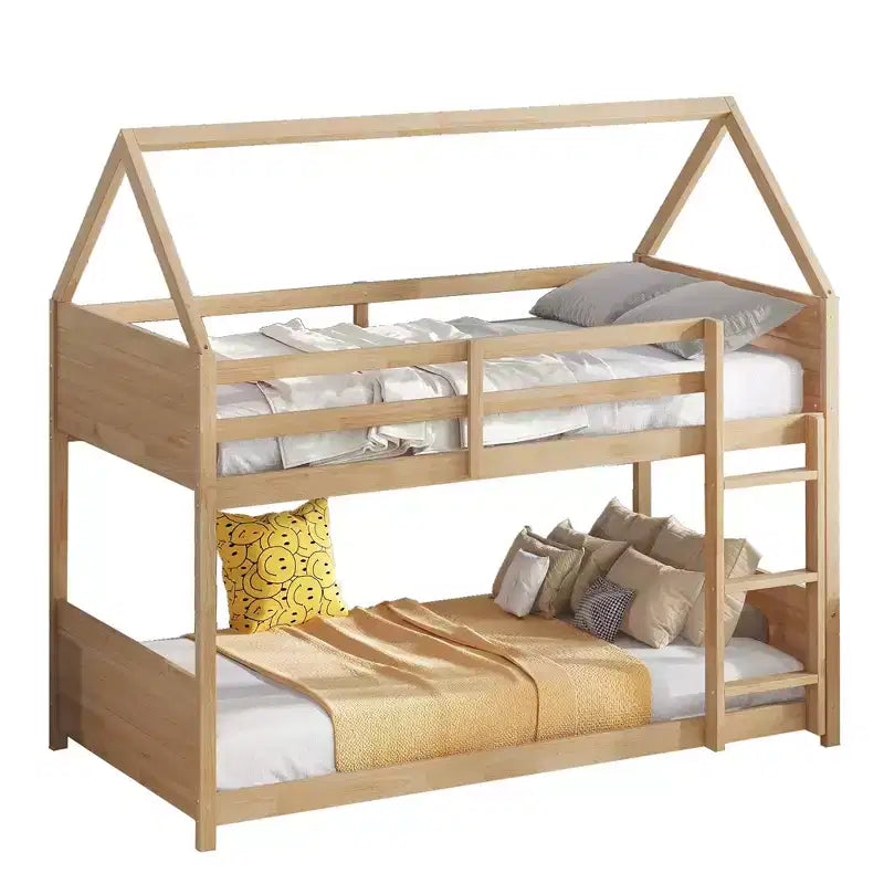 Litera de piso twin sobre twin con cabeceros y piecero para niños y adolescentes, estructura de litera en forma de casa de madera con barandilla y escalera