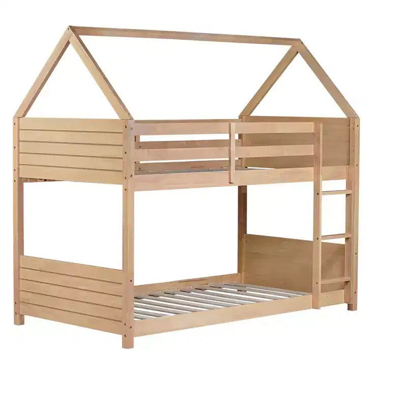 Litera de piso twin sobre twin con cabeceros y piecero para niños y adolescentes, estructura de litera en forma de casa de madera con barandilla y escalera