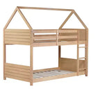 Litera de piso twin sobre twin con cabeceros y piecero para niños y adolescentes, estructura de litera en forma de casa de madera con barandilla y escalera