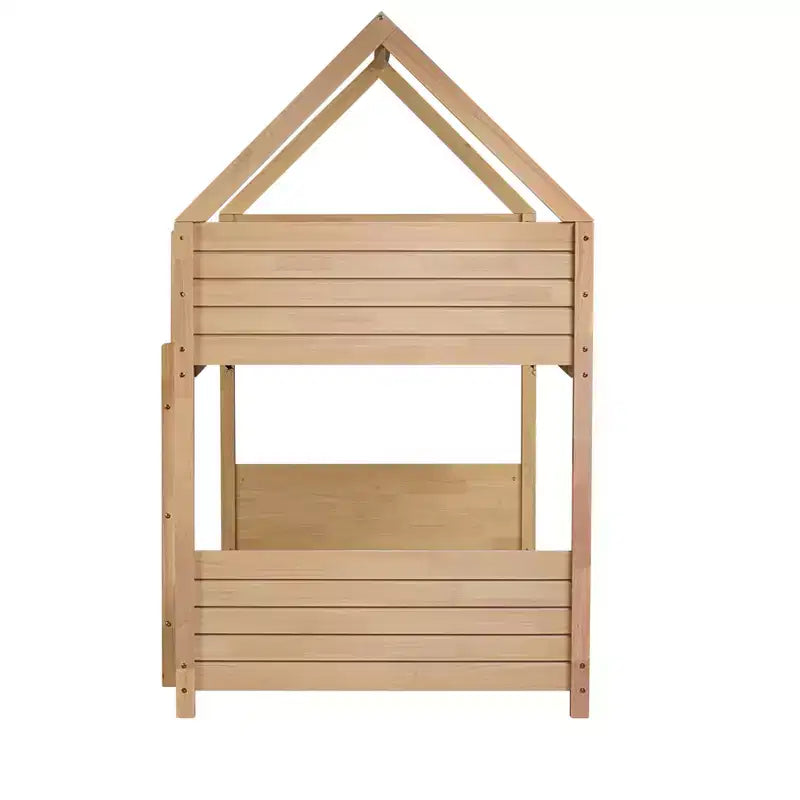 Litera de piso twin sobre twin con cabeceros y piecero para niños y adolescentes, estructura de litera en forma de casa de madera con barandilla y escalera