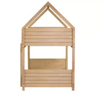 Litera de piso twin sobre twin con cabeceros y piecero para niños y adolescentes, estructura de litera en forma de casa de madera con barandilla y escalera