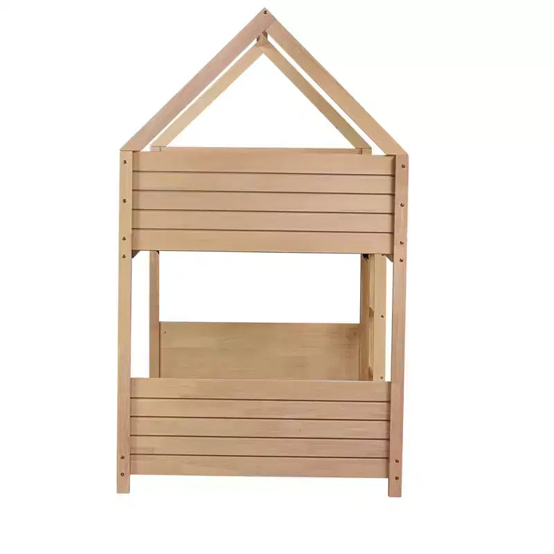Litera de piso twin sobre twin con cabeceros y piecero para niños y adolescentes, estructura de litera en forma de casa de madera con barandilla y escalera