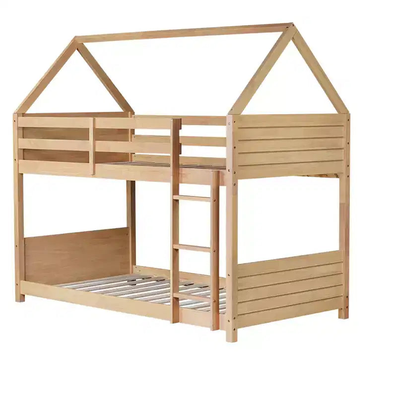 Litera de piso twin sobre twin con cabeceros y piecero para niños y adolescentes, estructura de litera en forma de casa de madera con barandilla y escalera