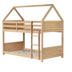 Litera de piso twin sobre twin con cabeceros y piecero para niños y adolescentes, estructura de litera en forma de casa de madera con barandilla y escalera