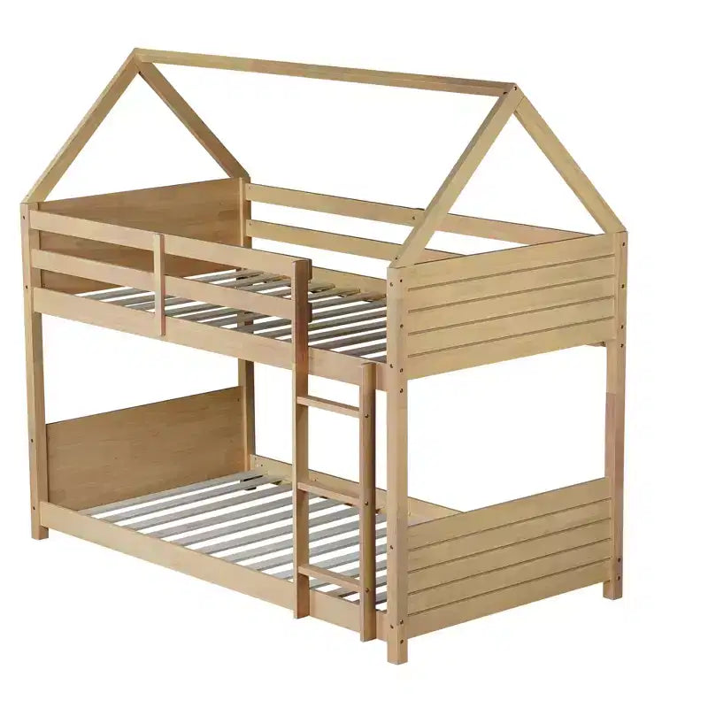 Litera de piso twin sobre twin con cabeceros y piecero para niños y adolescentes, estructura de litera en forma de casa de madera con barandilla y escalera