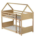 Litera de piso twin sobre twin con cabeceros y piecero para niños y adolescentes, estructura de litera en forma de casa de madera con barandilla y escalera