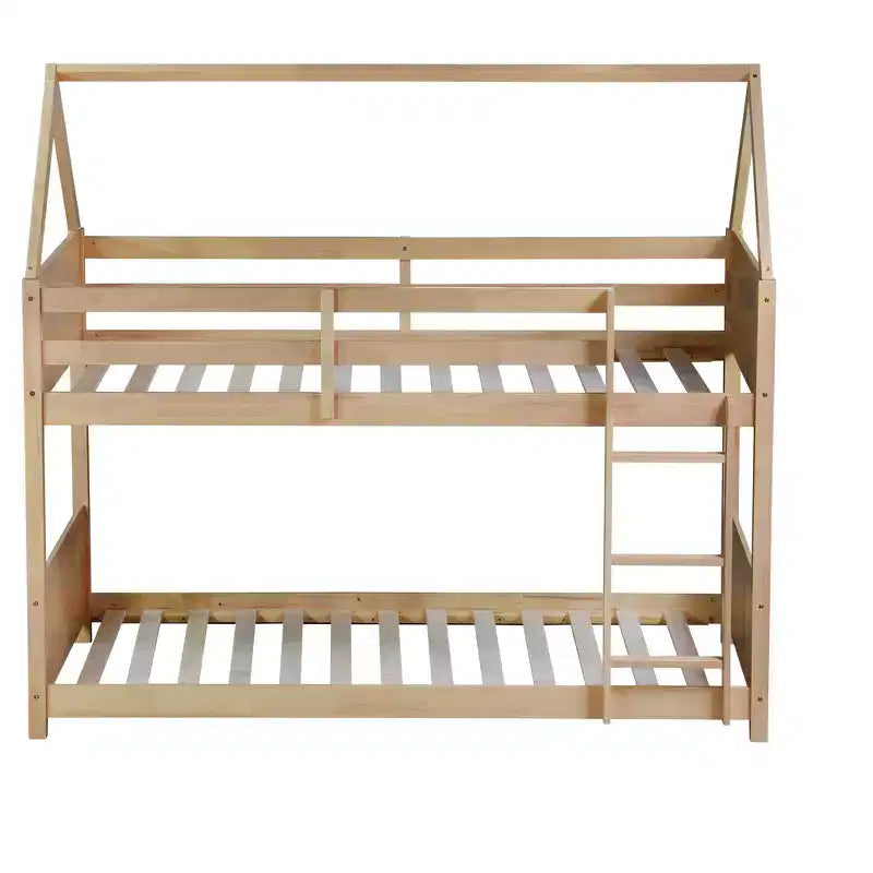 Litera de piso twin sobre twin con cabeceros y piecero para niños y adolescentes, estructura de litera en forma de casa de madera con barandilla y escalera