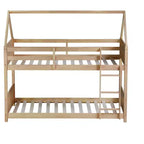 Litera de piso twin sobre twin con cabeceros y piecero para niños y adolescentes, estructura de litera en forma de casa de madera con barandilla y escalera