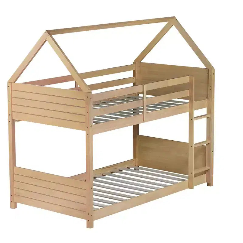 Litera de piso twin sobre twin con cabeceros y piecero para niños y adolescentes, estructura de litera en forma de casa de madera con barandilla y escalera