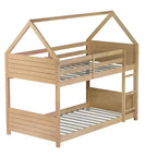 Litera de piso twin sobre twin con cabeceros y piecero para niños y adolescentes, estructura de litera en forma de casa de madera con barandilla y escalera