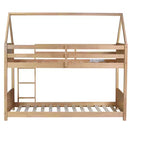 Litera de piso twin sobre twin con cabeceros y piecero para niños y adolescentes, estructura de litera en forma de casa de madera con barandilla y escalera