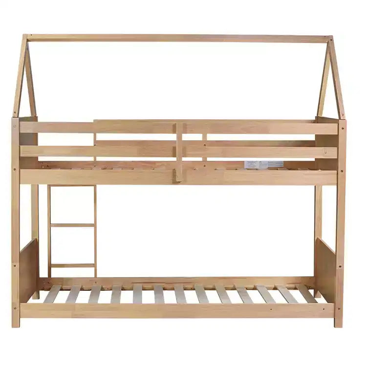 Litera de piso twin sobre twin con cabeceros y piecero para niños y adolescentes, estructura de litera en forma de casa de madera con barandilla y escalera