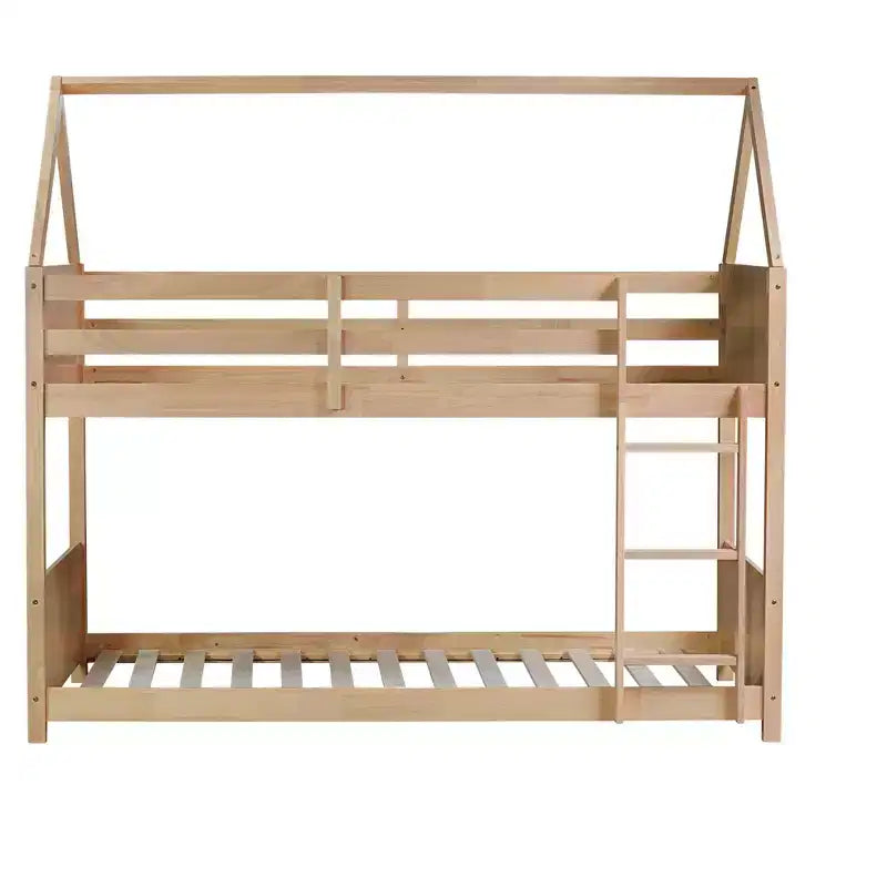 Litera de piso twin sobre twin con cabeceros y piecero para niños y adolescentes, estructura de litera en forma de casa de madera con barandilla y escalera