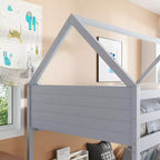Litera de piso twin sobre twin con cabeceros y piecero para niños y adolescentes, estructura de litera en forma de casa de madera con barandilla y escalera
