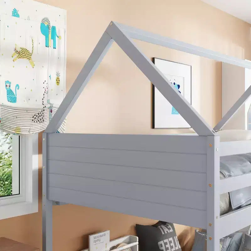 Litera de piso twin sobre twin con cabeceros y piecero para niños y adolescentes, estructura de litera en forma de casa de madera con barandilla y escalera