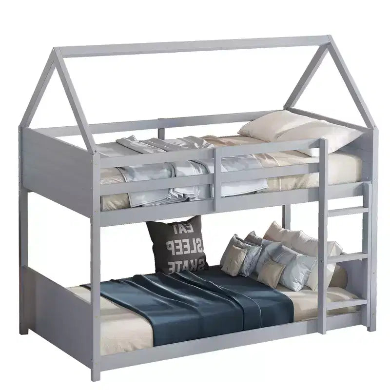 Litera de piso twin sobre twin con cabeceros y piecero para niños y adolescentes, estructura de litera en forma de casa de madera con barandilla y escalera