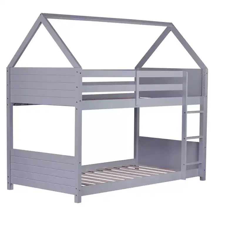 Litera de piso twin sobre twin con cabeceros y piecero para niños y adolescentes, estructura de litera en forma de casa de madera con barandilla y escalera