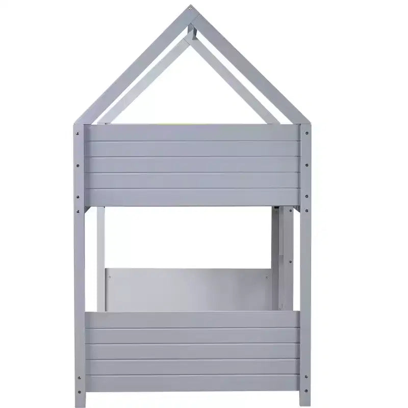 Litera de piso twin sobre twin con cabeceros y piecero para niños y adolescentes, estructura de litera en forma de casa de madera con barandilla y escalera