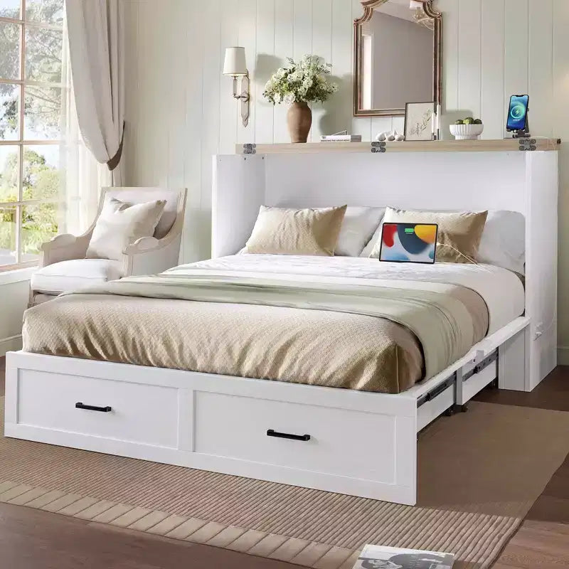 Queen Size Foldable Platform Bed Cabinet with Charging Station – Storage, Guest Room, White