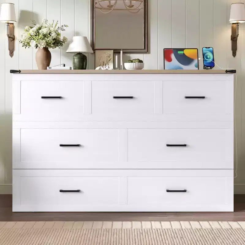 Queen-Size faltbares Plattformbett mit Schrank und Ladestation – Aufbewahrung, Gästezimmer, Weiß