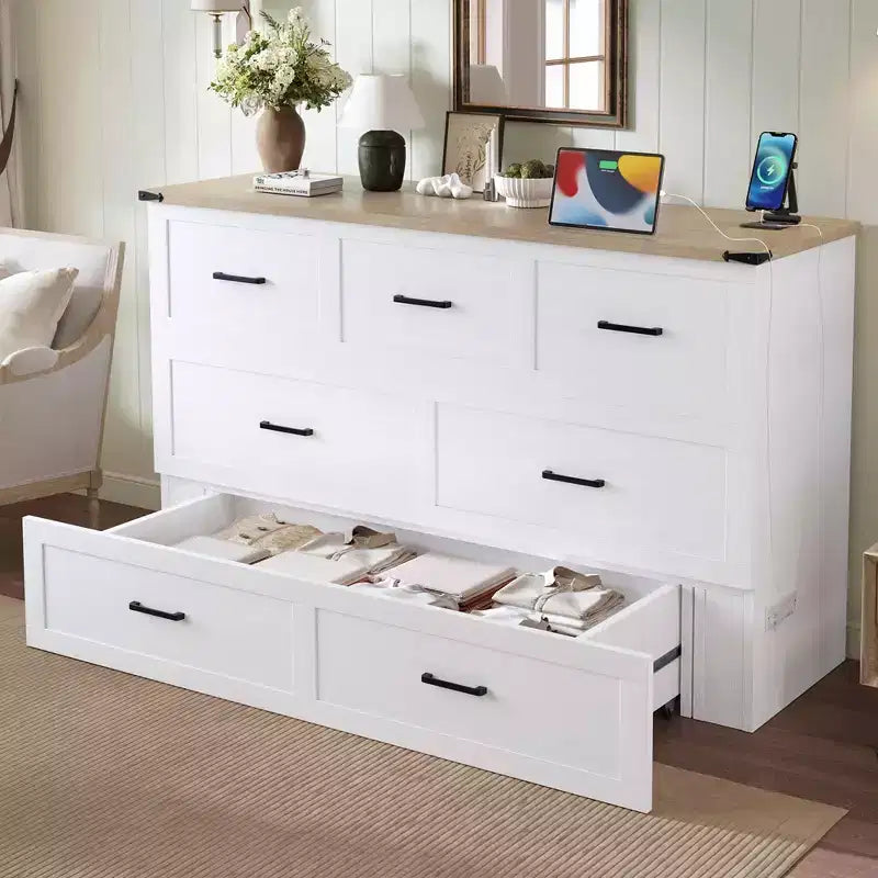 Queen Size Foldable Platform Bed Cabinet with Charging Station – Storage, Guest Room, White